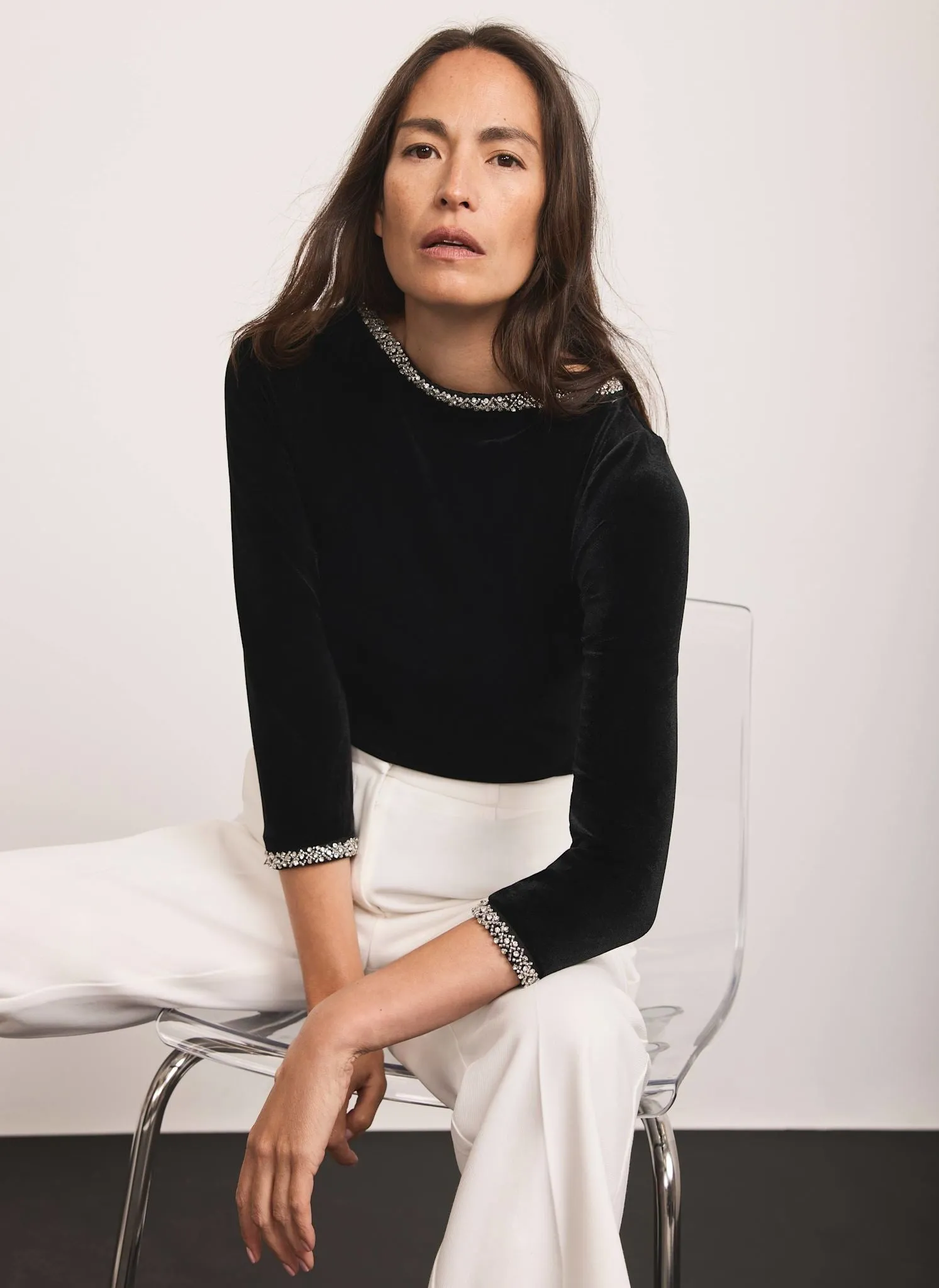 Black Velvet Embellished Trim Top sold by Mint Velvet