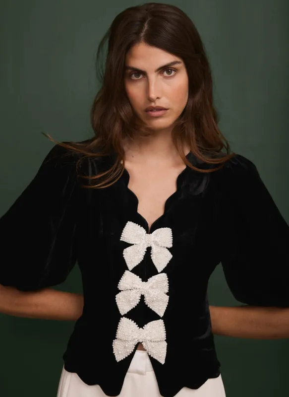 Black Velvet Bow Detail Scallop Trim Top sold by Mint Velvet