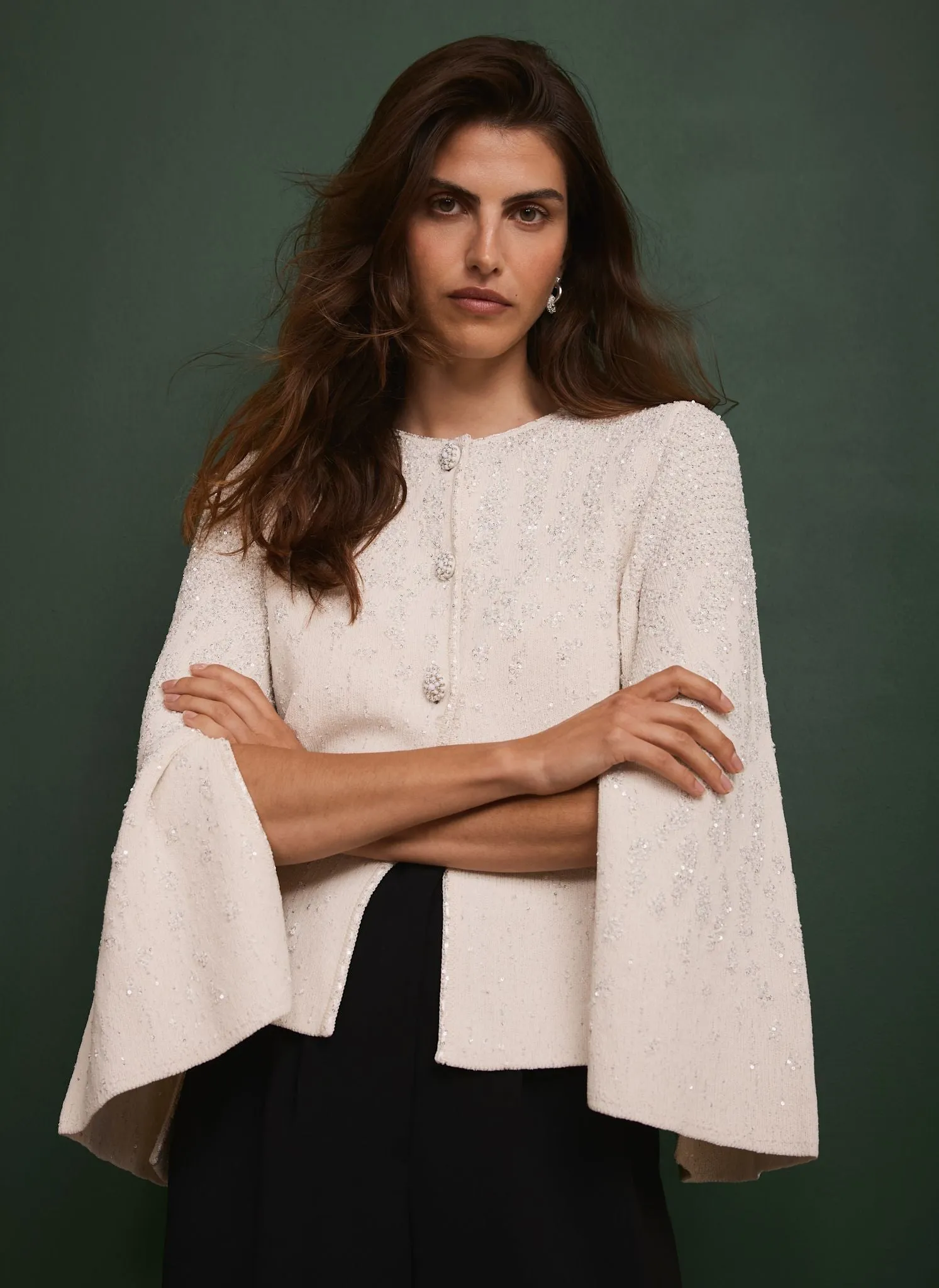 Cream Sequin Embellished Cape Cardigan sold by Mint Velvet