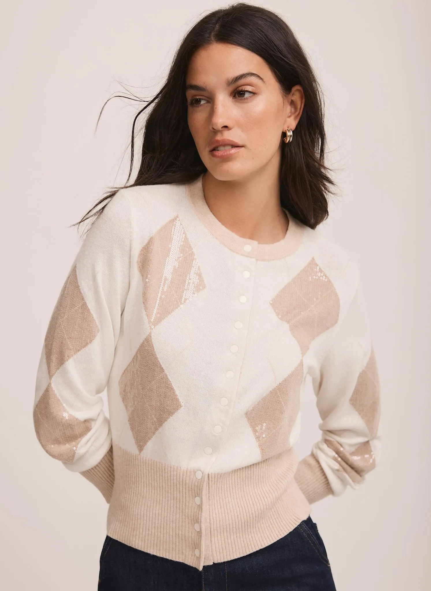 Cream Sequin Argyle Knit Cardigan sold by Mint Velvet product image thumbnail 3