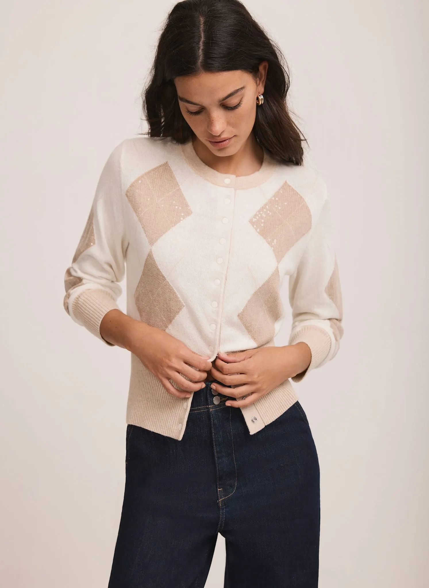 Cream Sequin Argyle Knit Cardigan sold by Mint Velvet product image thumbnail 2