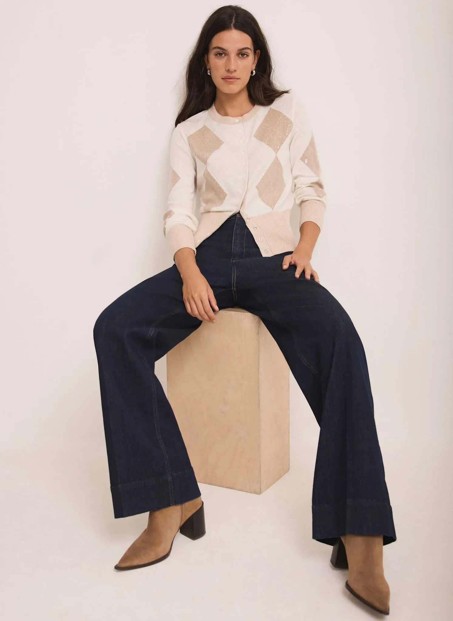 Cream Sequin Argyle Knit Cardigan sold by Mint Velvet