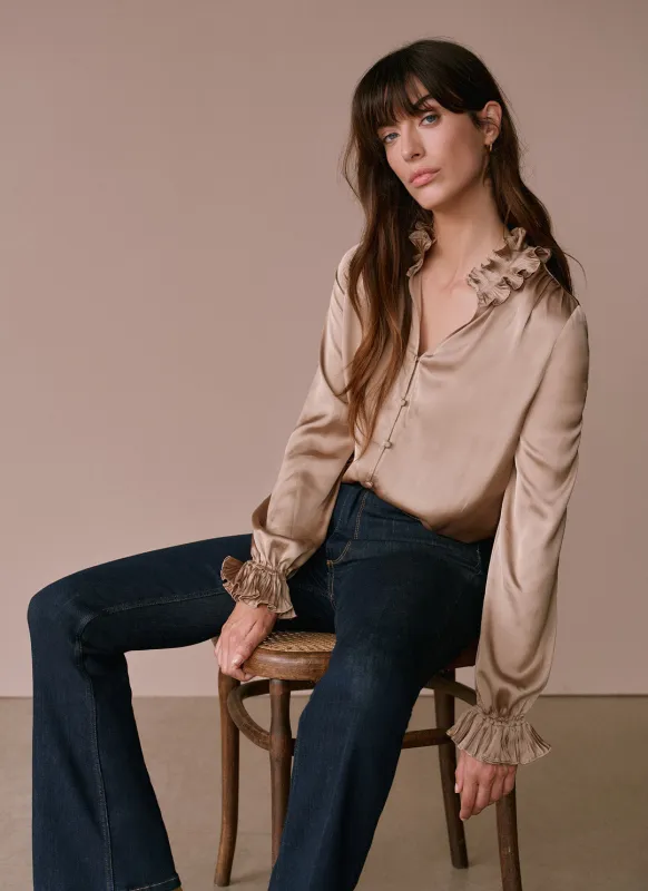 Gold Ruffle Detail Satin Blouse sold by Mint Velvet