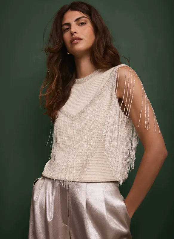 Cream Embellished Fringe Detail Top sold by Mint Velvet