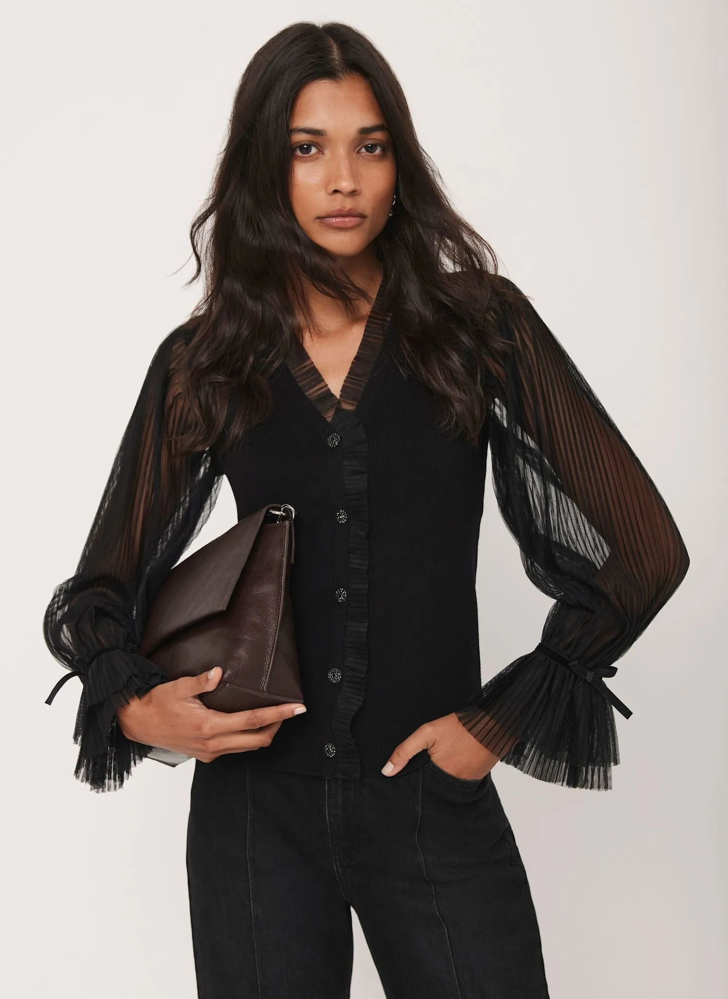 Black Tulle Sleeve Cardigan sold by Mint Velvet