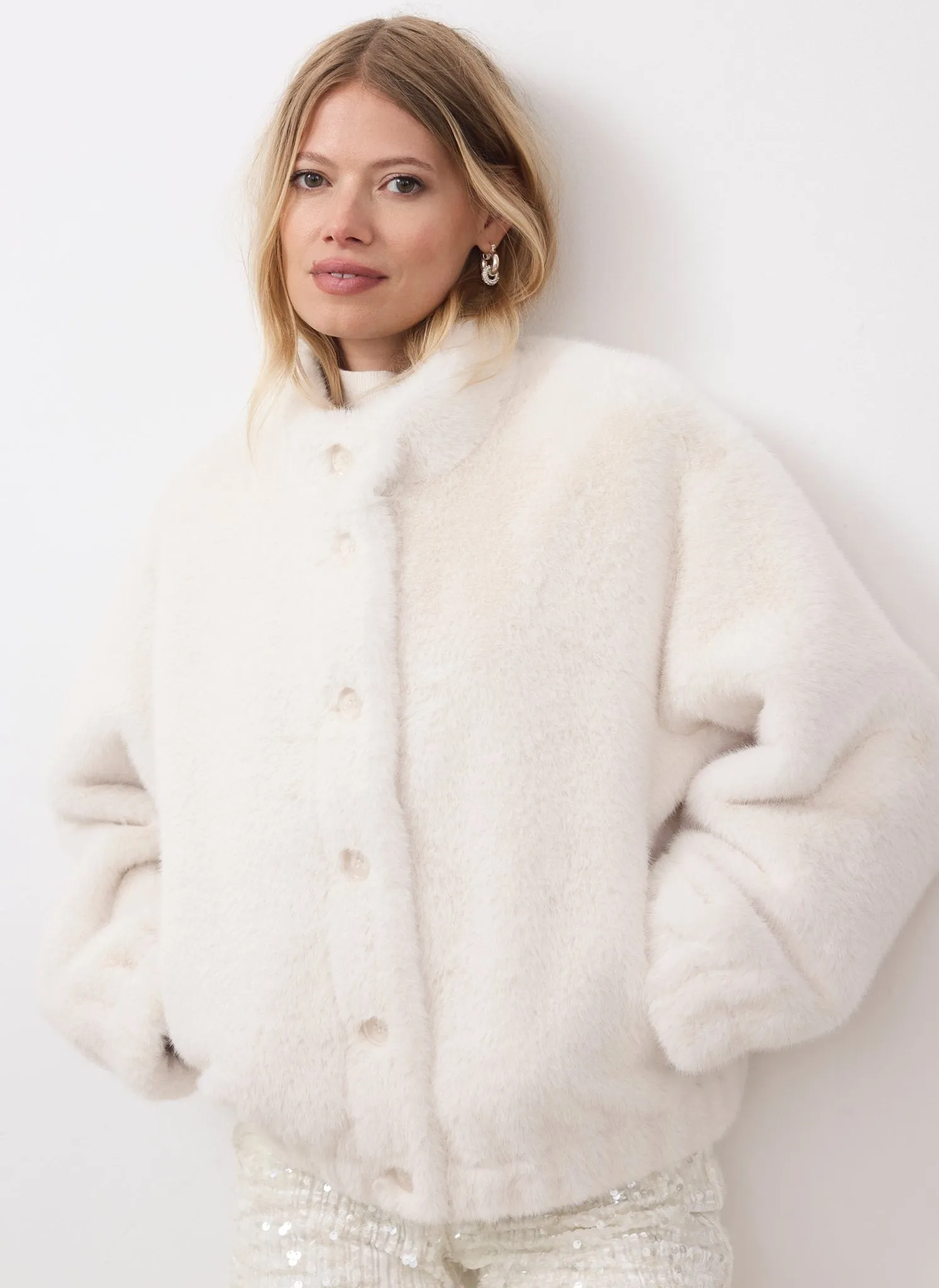 White Faux Fur Bomber Jacket sold by Mint Velvet product image thumbnail 3