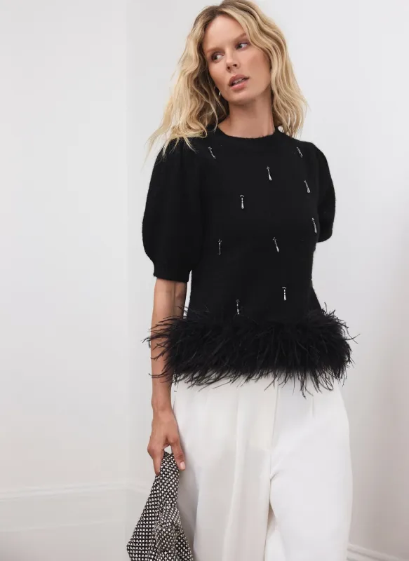 Black Embellished Feather Trim Knit Top sold by Mint Velvet