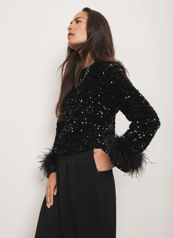 Black Sequin Embellished Feather Trim Top sold by Mint Velvet