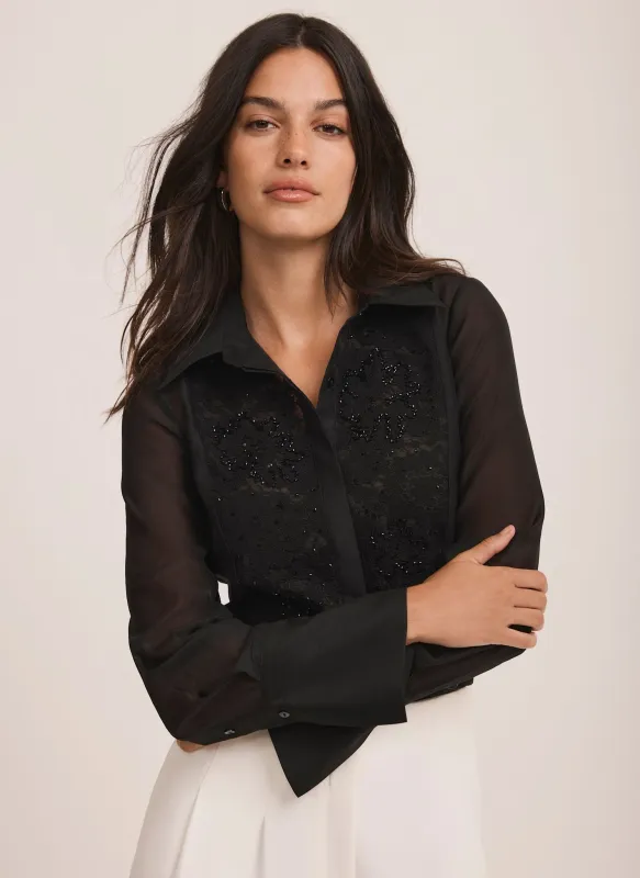 Black Embellished Bib Detail Shirt sold by Mint Velvet