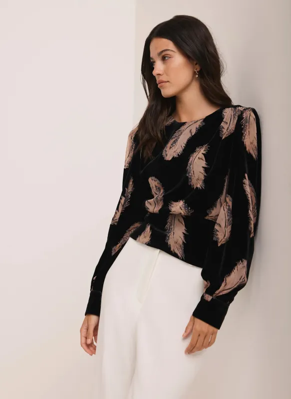 Black Velvet Feather Print Top sold by Mint Velvet