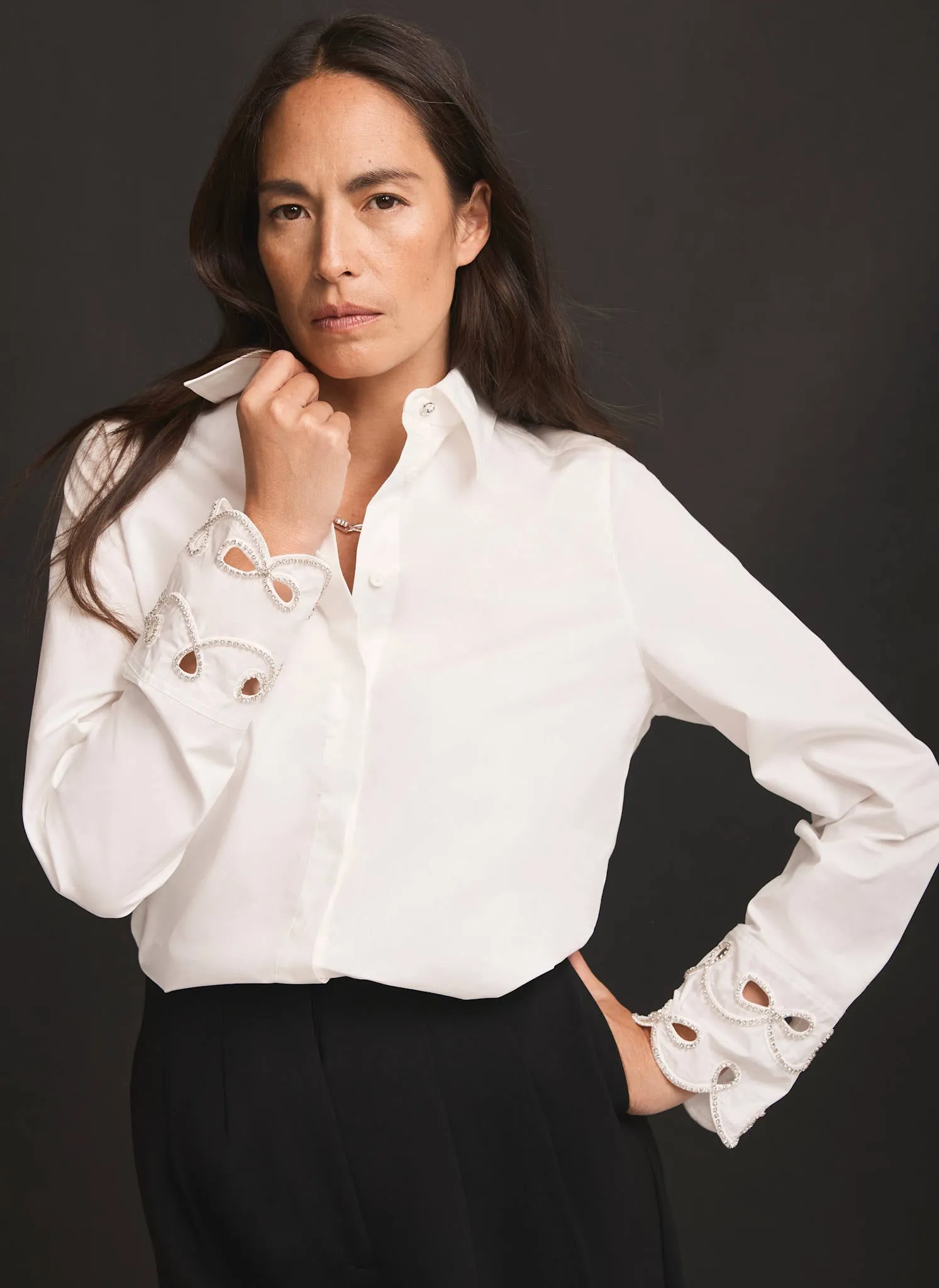 White Cotton Embellished Cuff Shirt sold by Mint Velvet