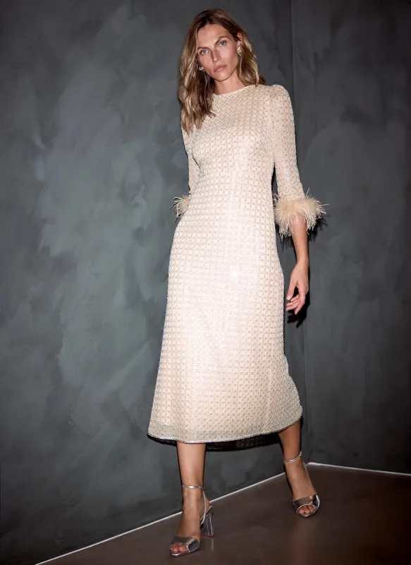 Pink Embellished Feather Trim Midi Dress sold by Mint Velvet