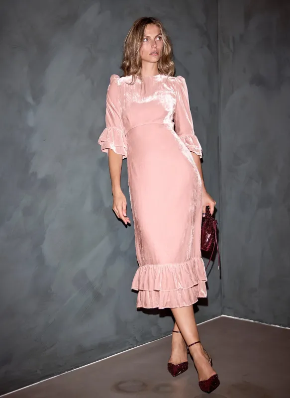 Pink Velvet Ruffle Midi Dress sold by Mint Velvet