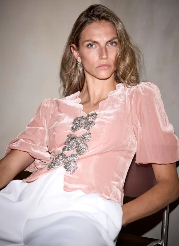 Pink Velvet Bow Detail Scallop Trim Top sold by Mint Velvet