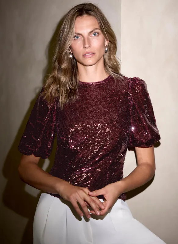 Burgundy Sequin Short Sleeve Top sold by Mint Velvet