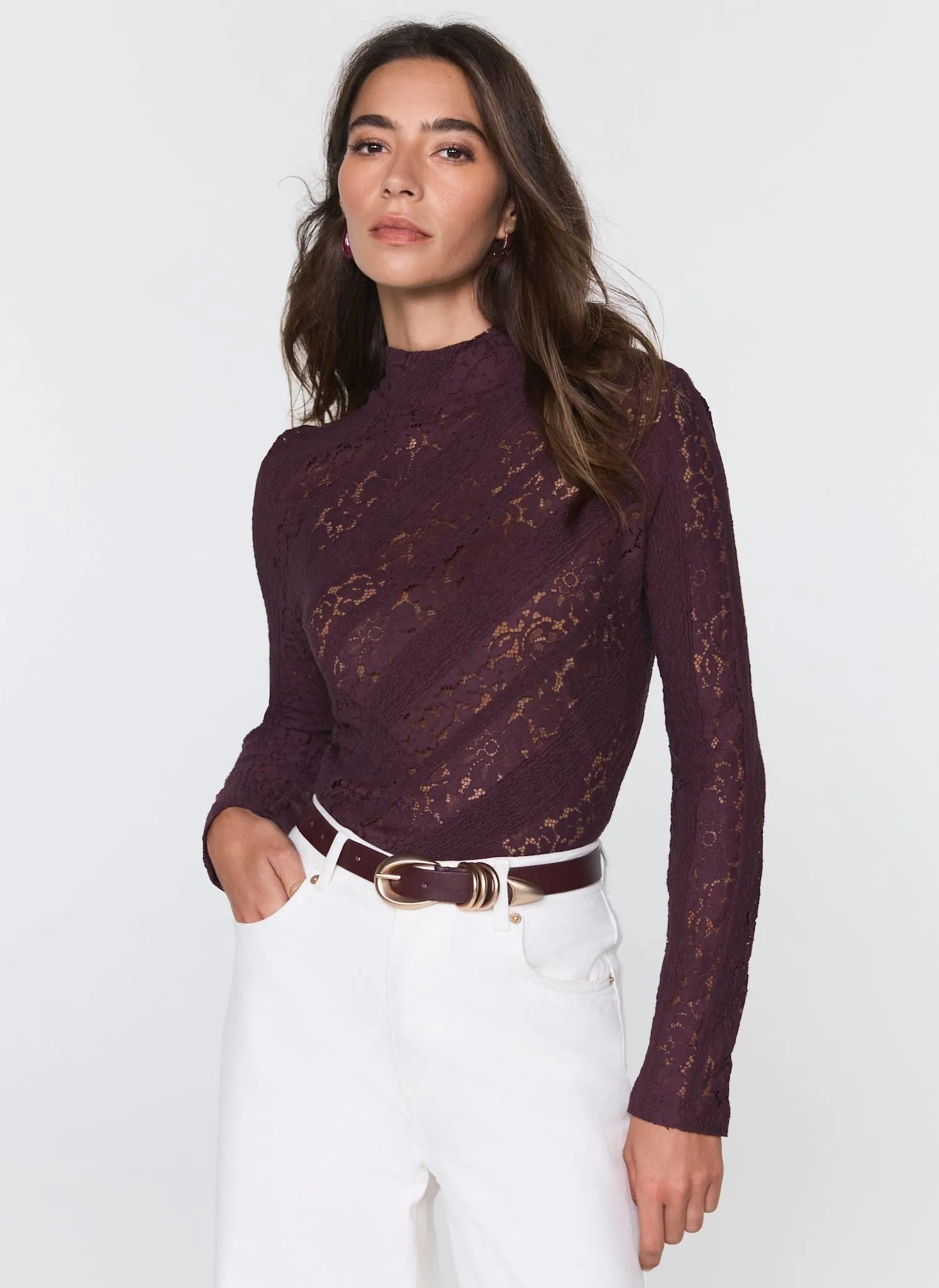 Burgundy Lace High Neck Top sold by Mint Velvet product image thumbnail 3
