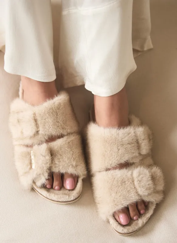 Neutral Two Strap Faux Fur Slippers sold by Mint Velvet