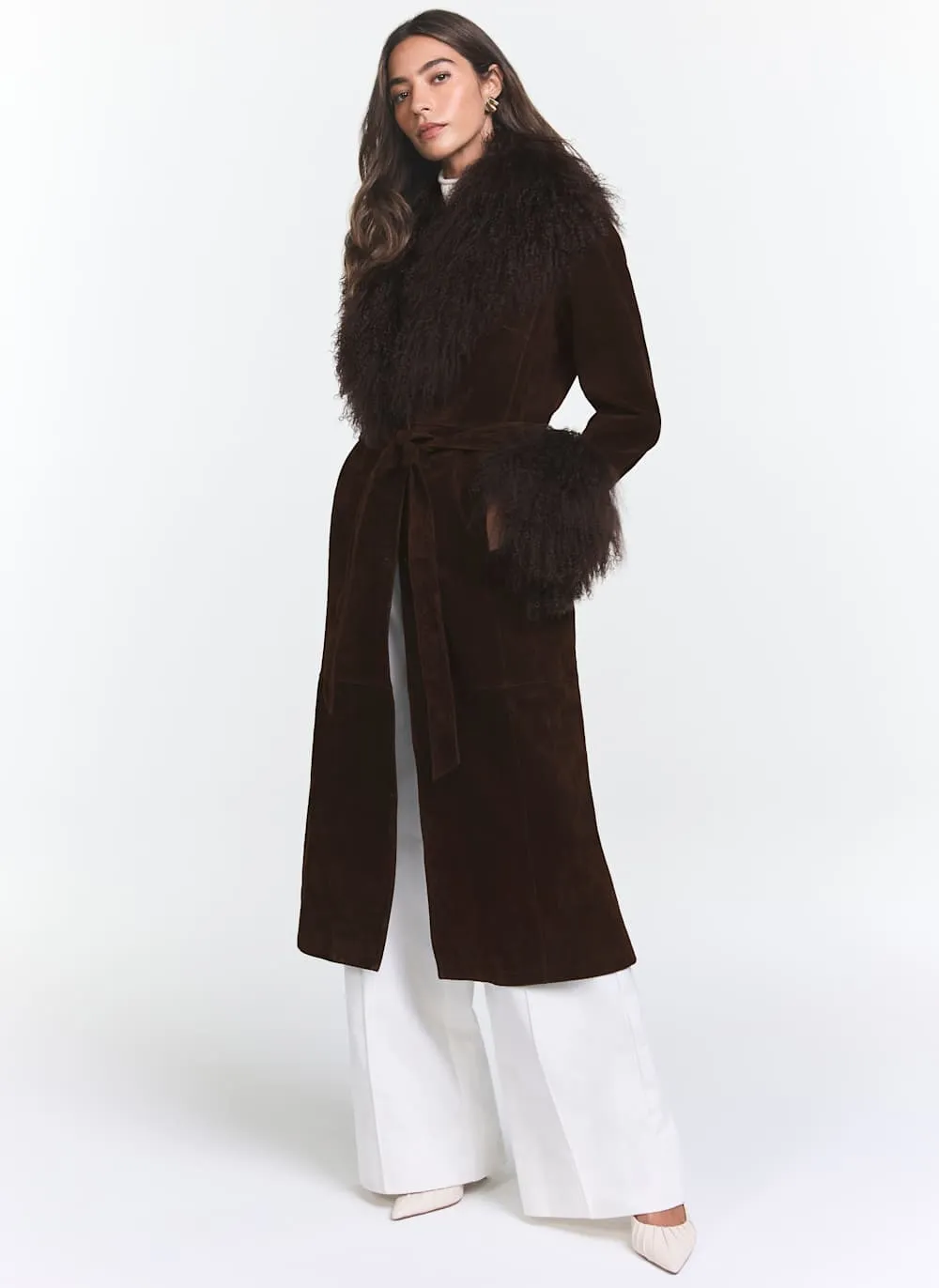 Brown Suede Fur Trim Coat sold by Mint Velvet product image thumbnail 3