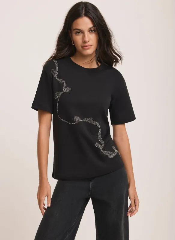 Black Embellished Graphic Ribbon T-Shirt sold by Mint Velvet