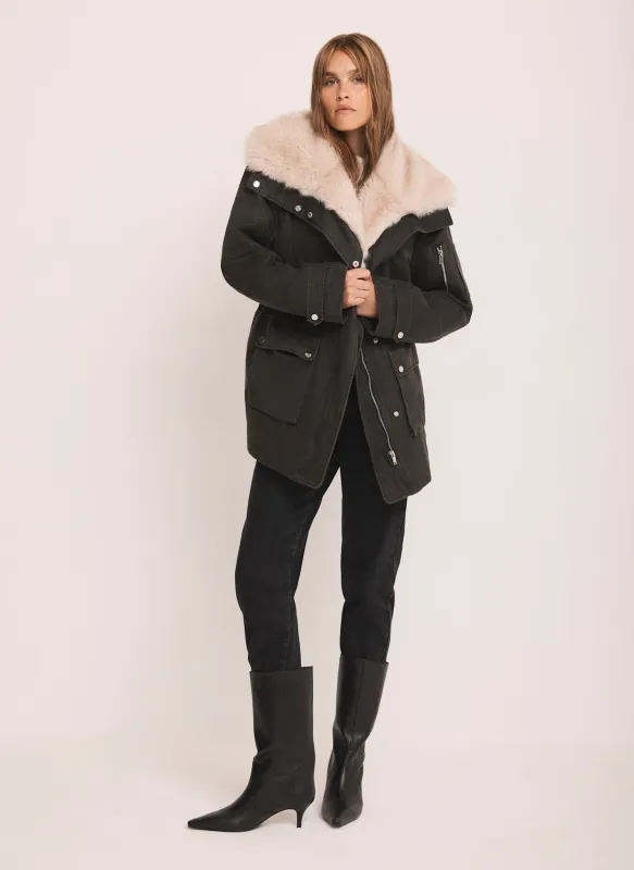 Khaki Wax Faux Fur Trim Parka sold by Mint Velvet