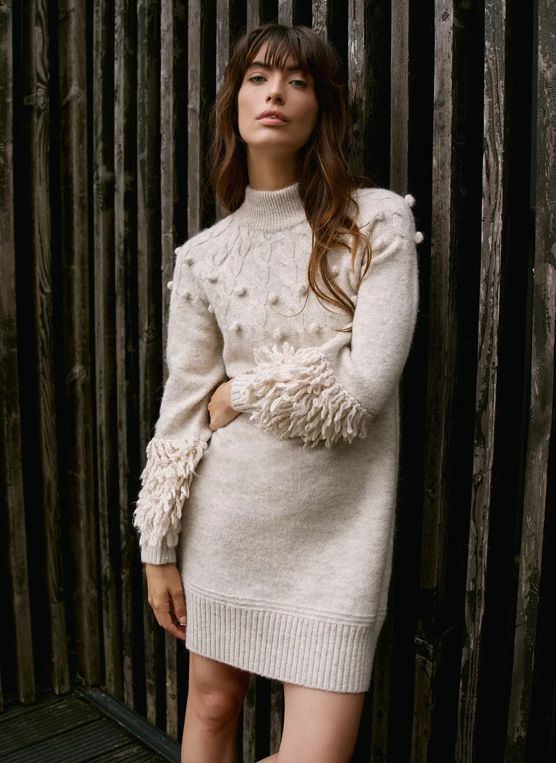 Neutral Textured Wool Blend Knit Mini Dress sold by Mint Velvet