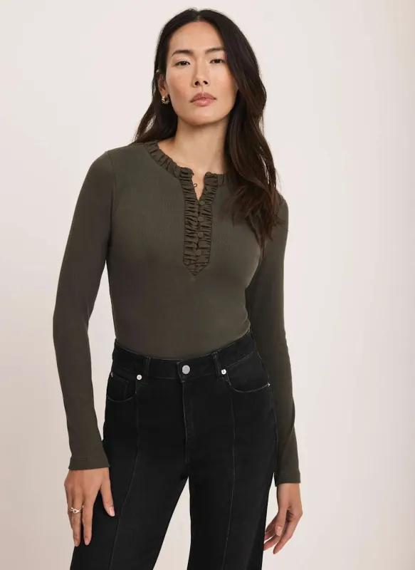 Khaki Cotton Blend Ruched Henley Top sold by Mint Velvet