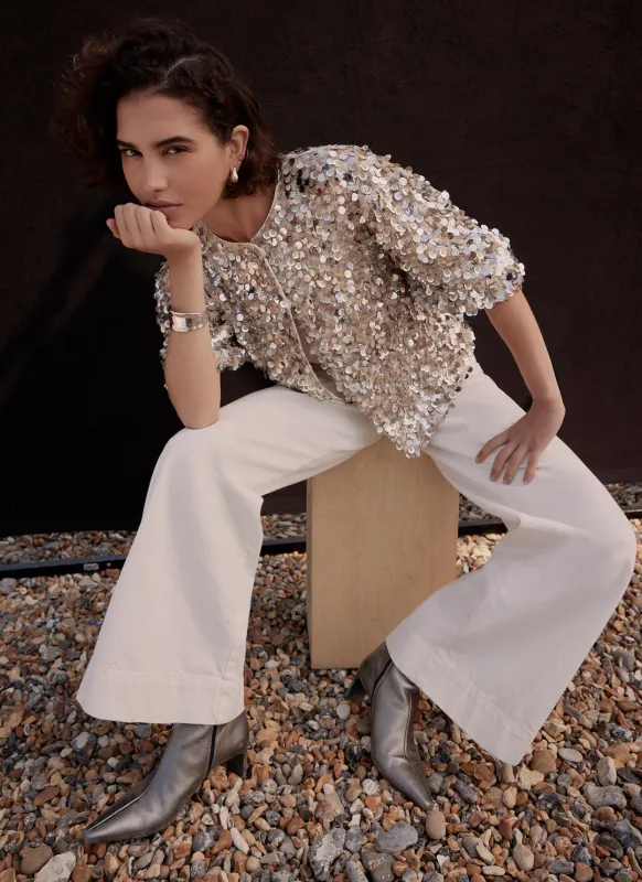 Silver Sequin Puff Sleeve Top sold by Mint Velvet