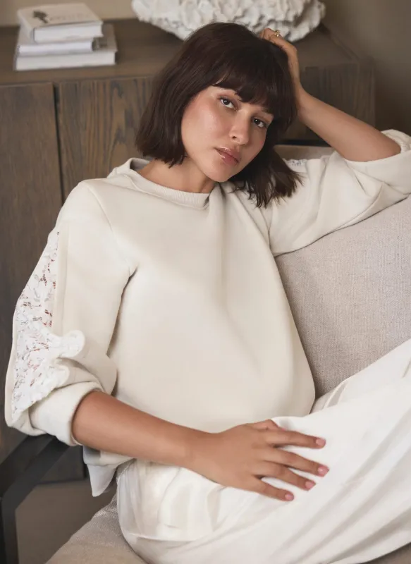 Cream Cotton Blend Lace Sleeve Sweatshirt sold by Mint Velvet