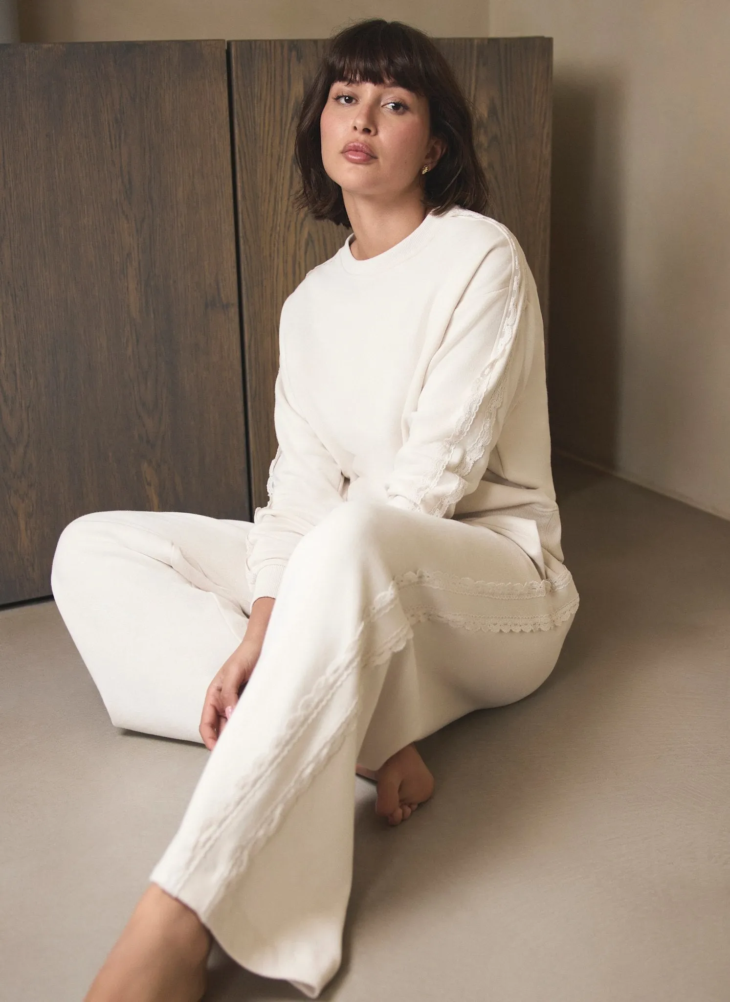 Cream Cotton Blend Lace Trim Sweatshirt sold by Mint Velvet