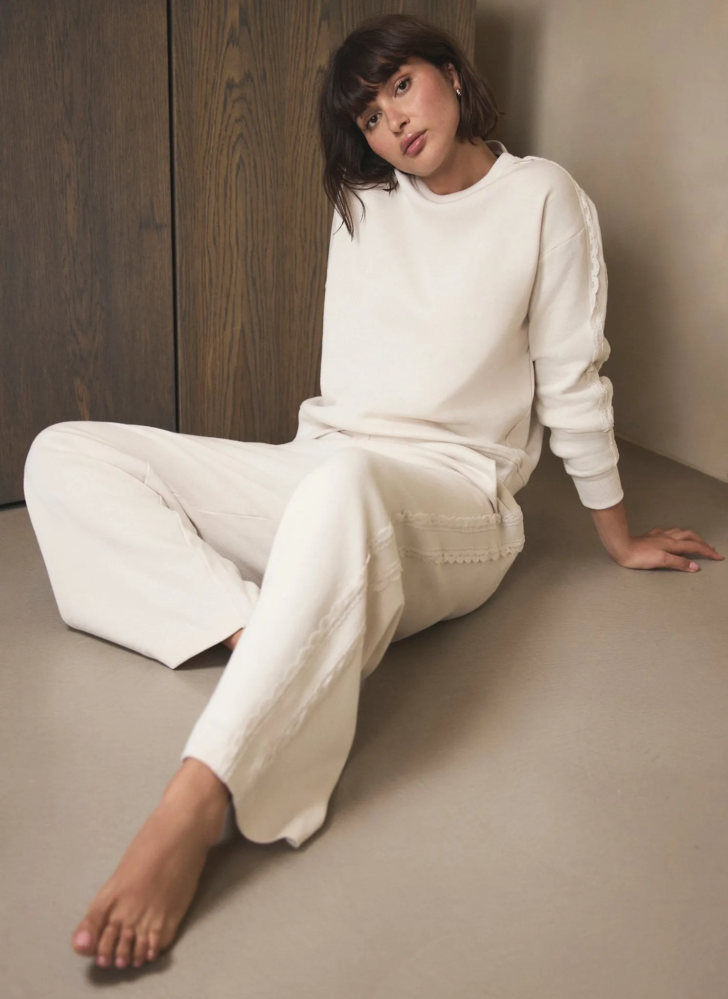 Cream Cotton Blend Lace Trim Sweatshirt sold by Mint Velvet product image thumbnail 3