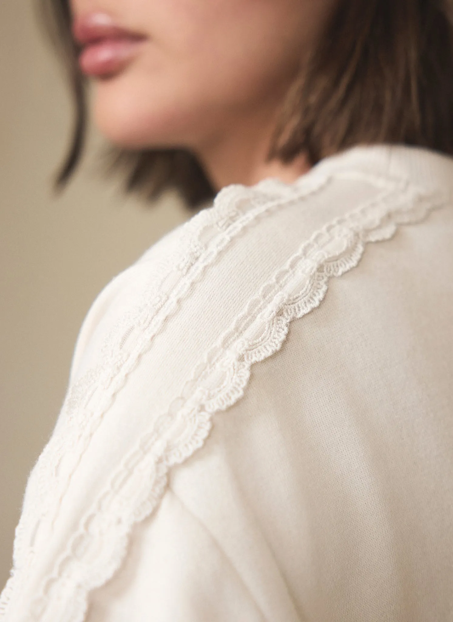 Cream Cotton Blend Lace Trim Sweatshirt sold by Mint Velvet product image thumbnail 4
