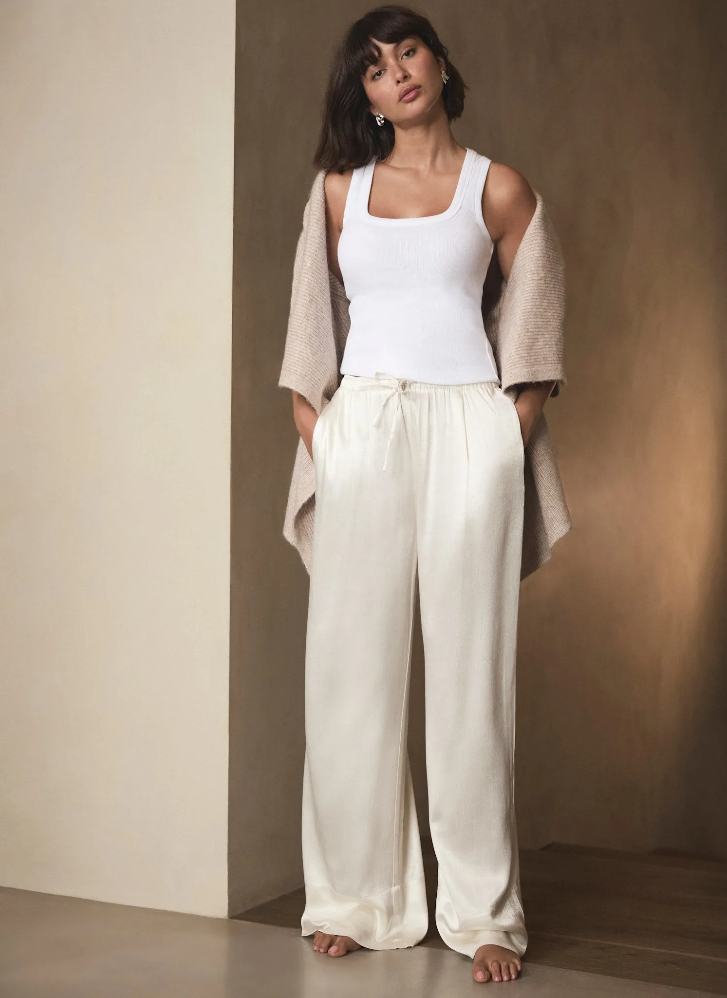 Cream Satin Wide Leg Trouser sold by Mint Velvet
