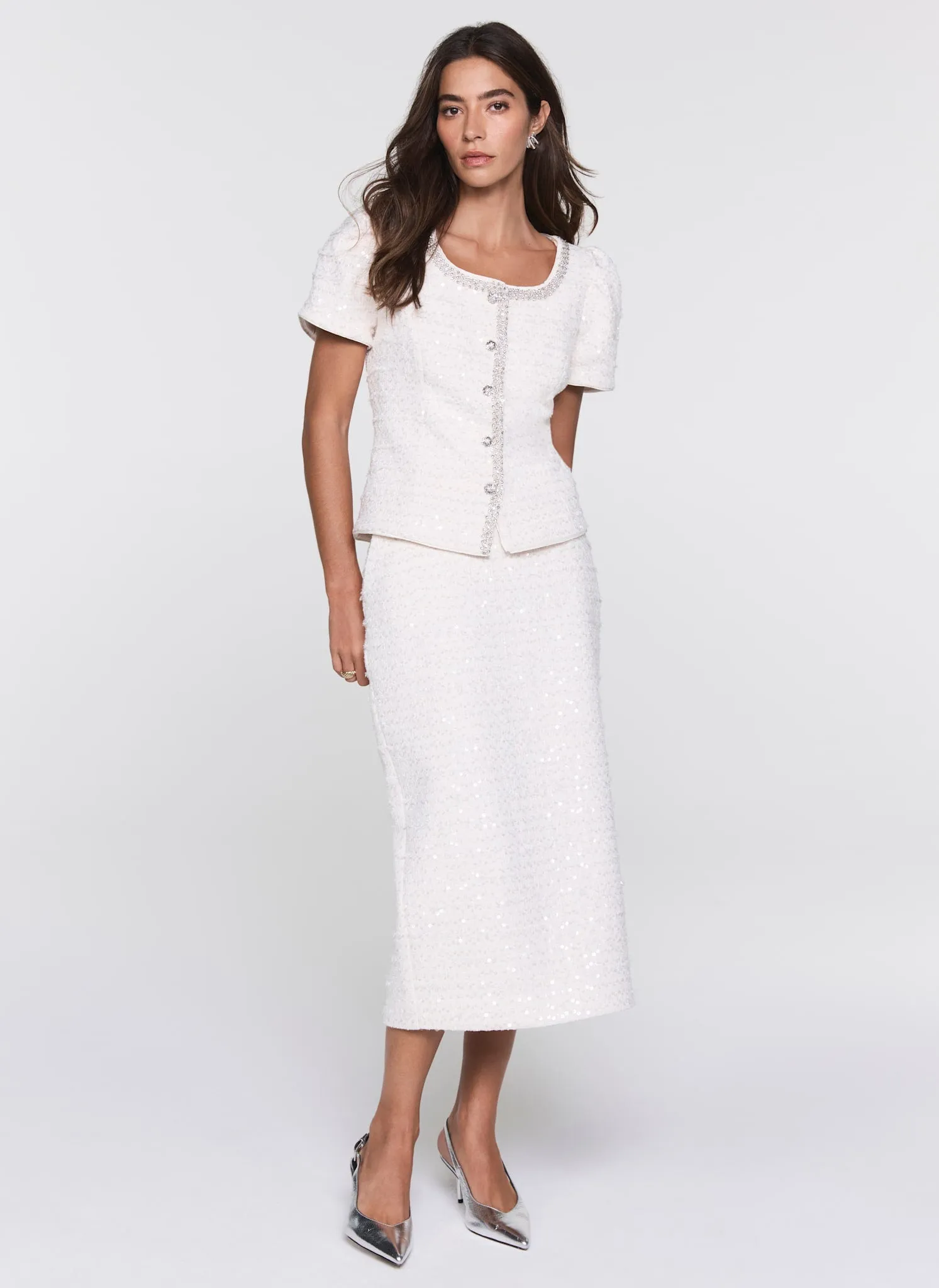 Cream Boucle Sequin Midi Skirt sold by Mint Velvet product image thumbnail 2