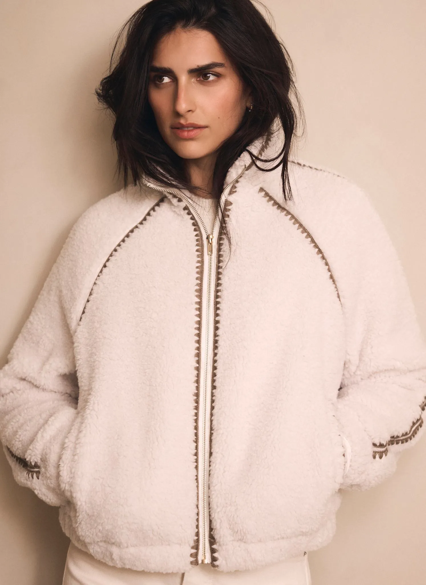 Cream Whipstitch Detail Borg Jacket sold by Mint Velvet