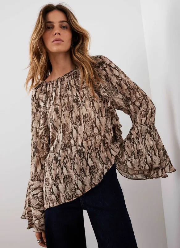 Brown Snake Print Ruffle Detail Blouse sold by Mint Velvet