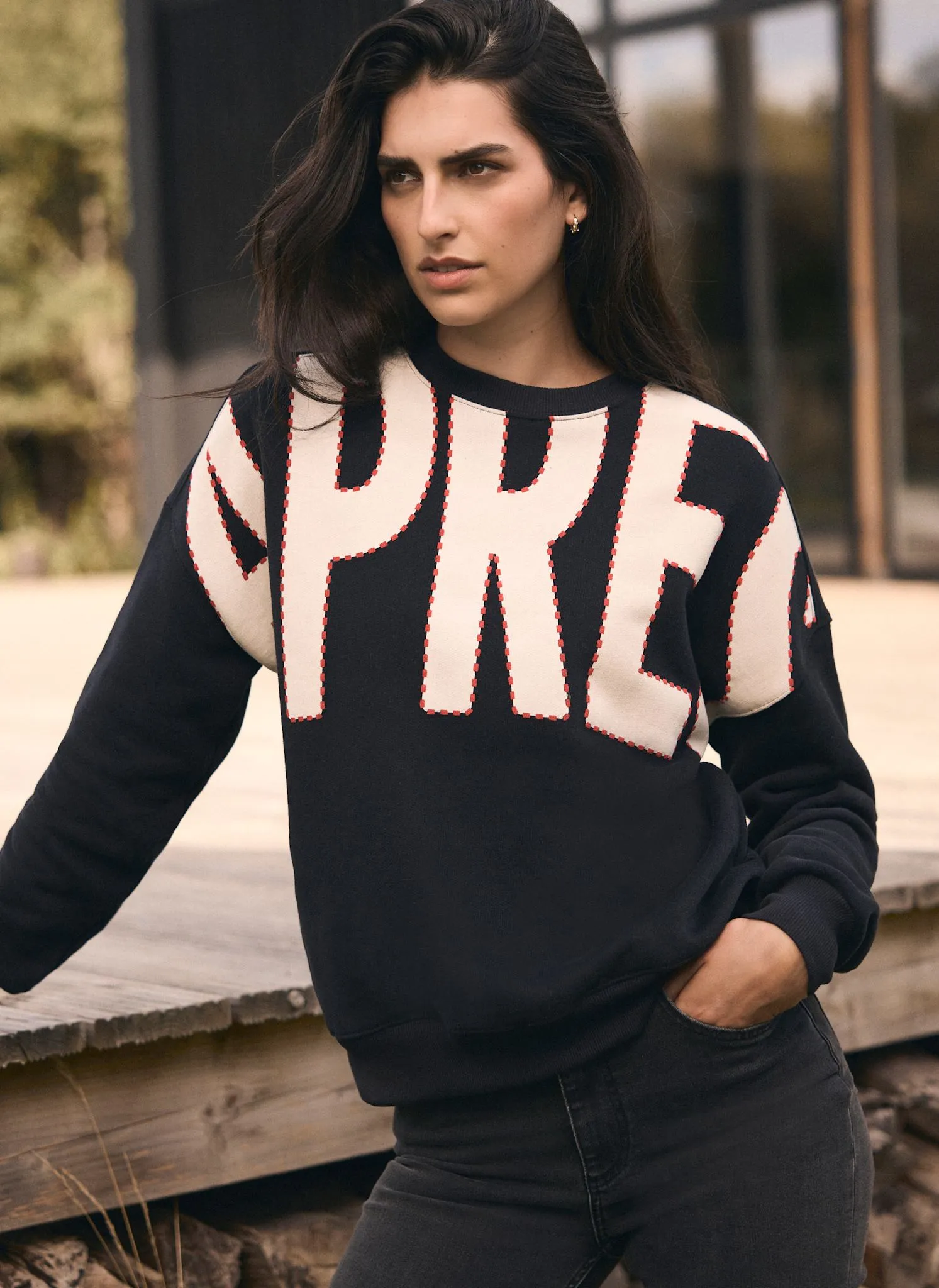 Black Cotton Blend Graphic Apres Sweatshirt sold by Mint Velvet product image thumbnail 5