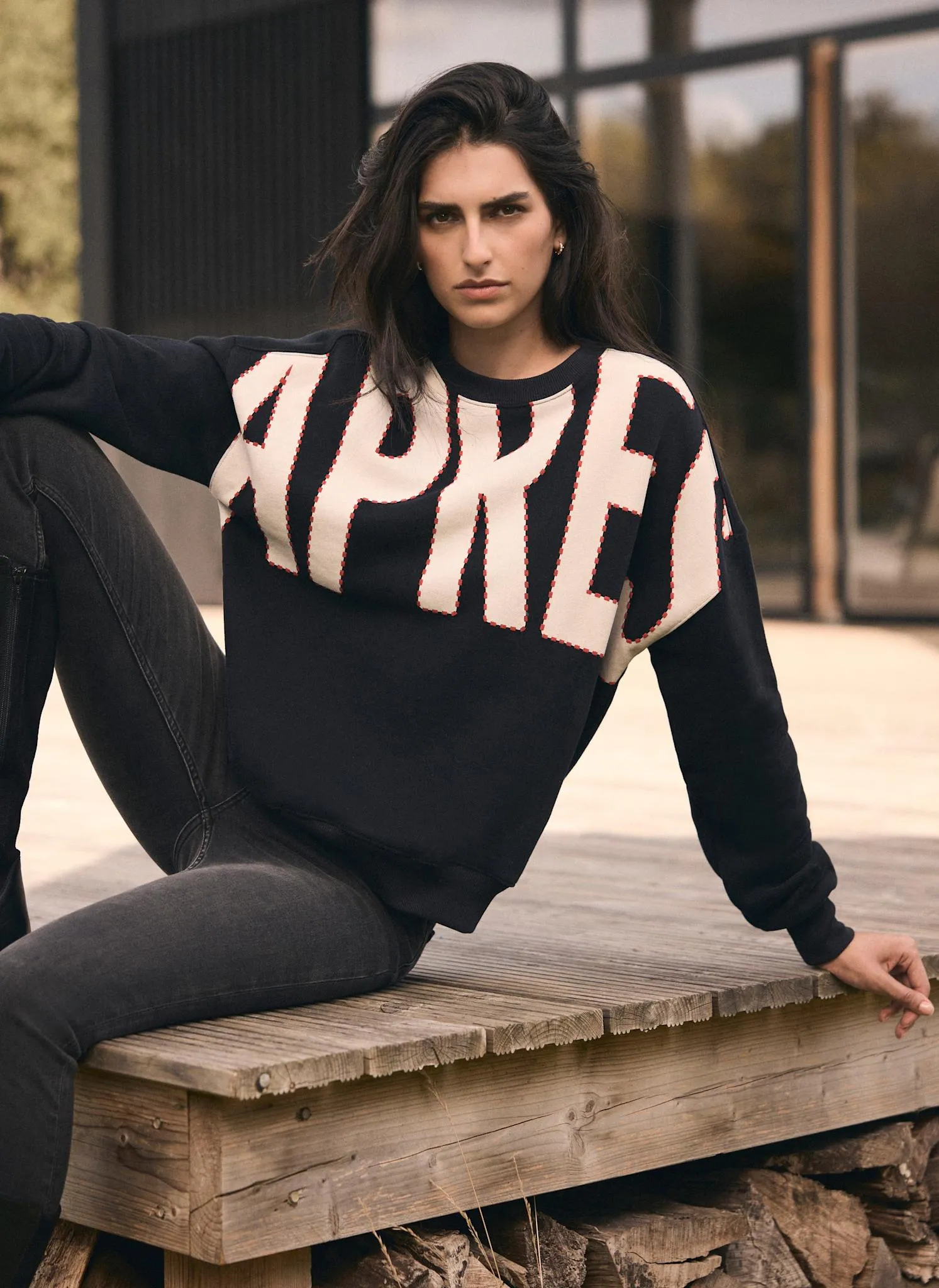 Black Cotton Blend Graphic Apres Sweatshirt sold by Mint Velvet