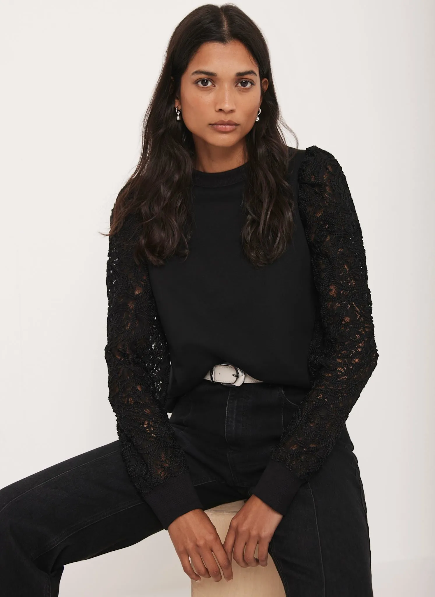 Black Lace Sleeve Sweatshirt sold by Mint Velvet