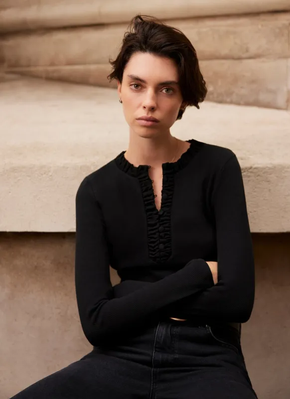 Black Ruched Cotton Blend Henley Top sold by Mint Velvet