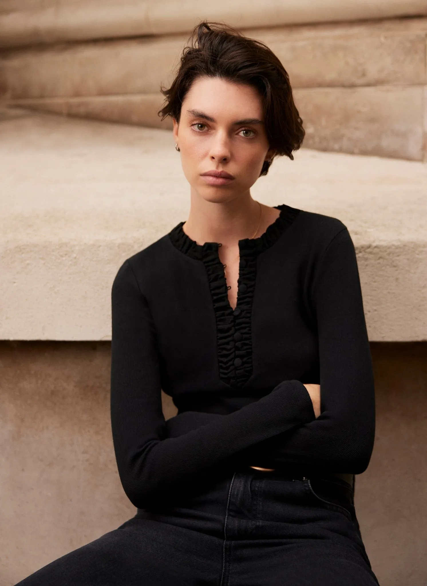 Black Ruched Cotton Blend Henley Top sold by Mint Velvet