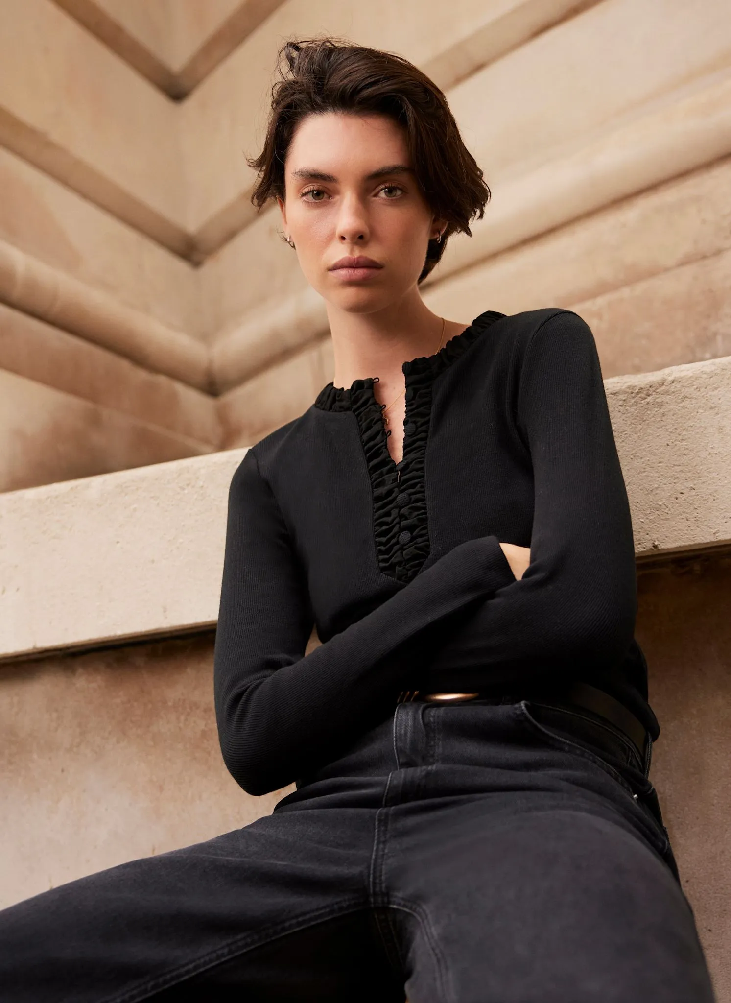 Black Ruched Cotton Blend Henley Top sold by Mint Velvet product image thumbnail 2