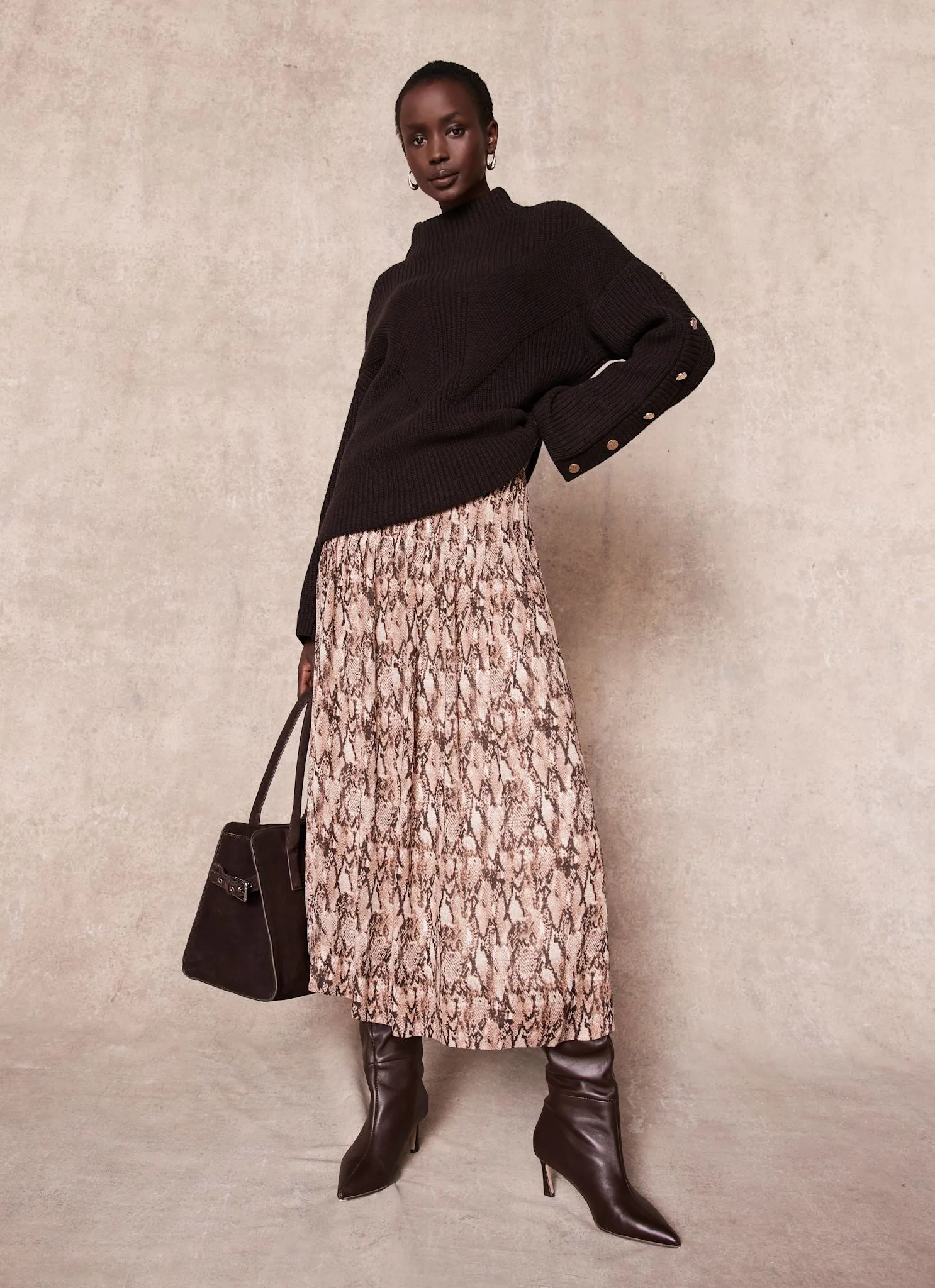 Brown Snake Print Midi Skirt sold by Mint Velvet