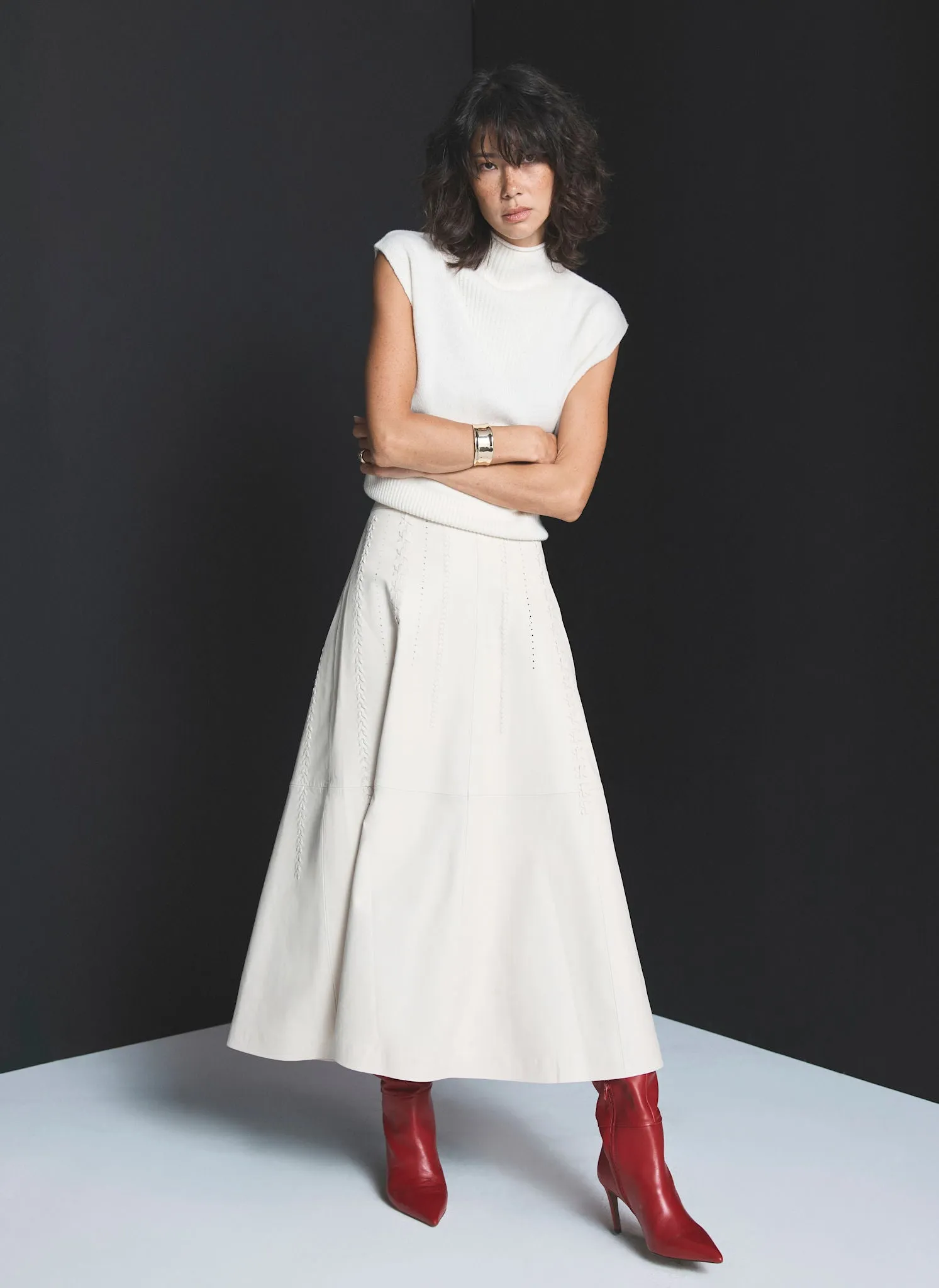 Cream Leather Stitch Detail Midi Skirt sold by Mint Velvet product image thumbnail 2