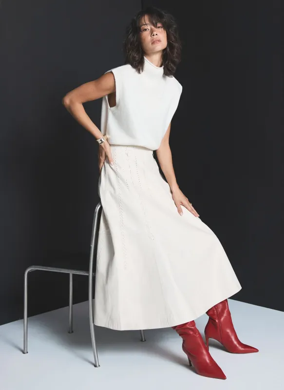 Cream Leather Stitch Detail Midi Skirt sold by Mint Velvet