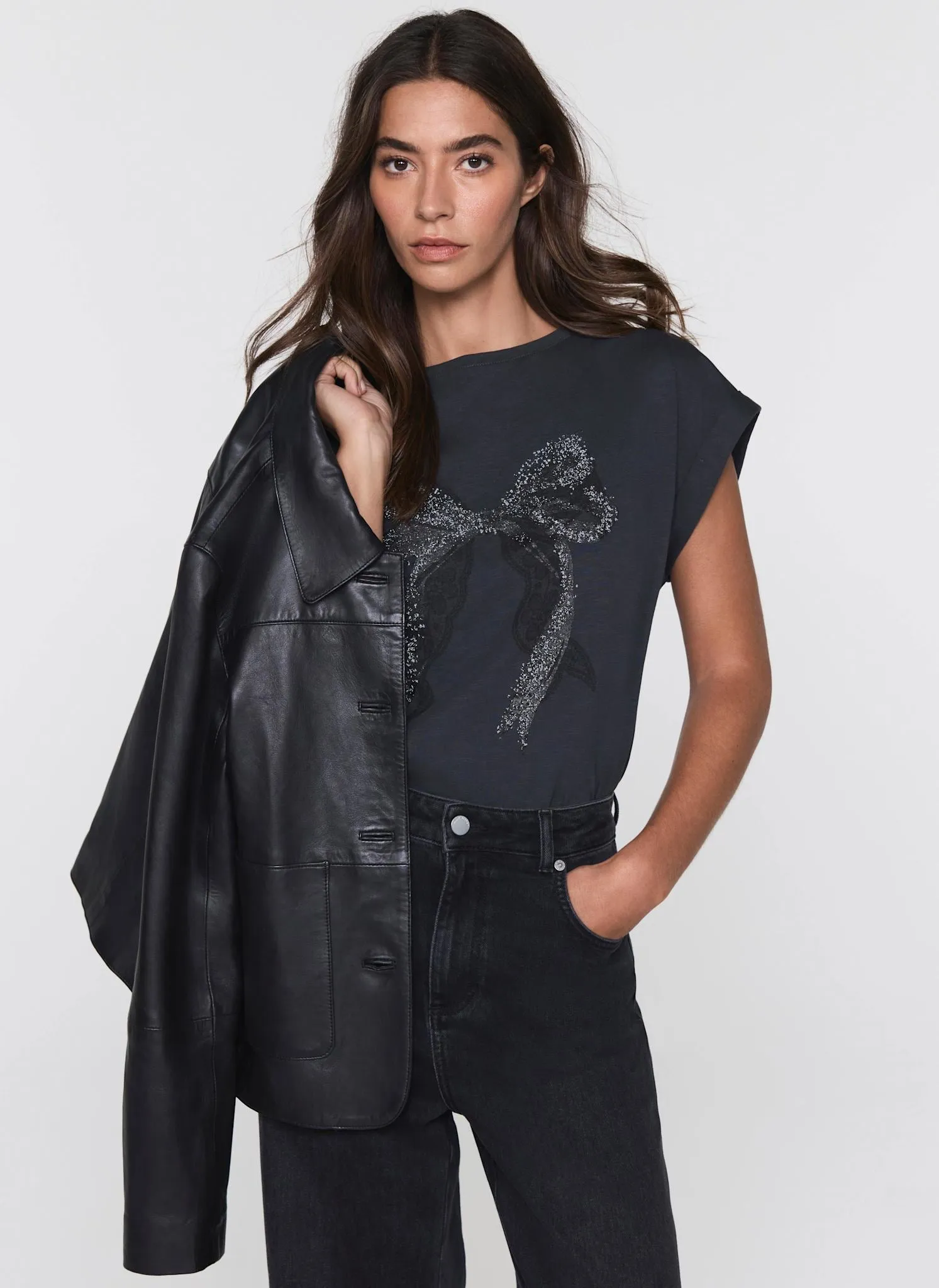 Black Cotton Bow Graphic T-Shirt sold by Mint Velvet