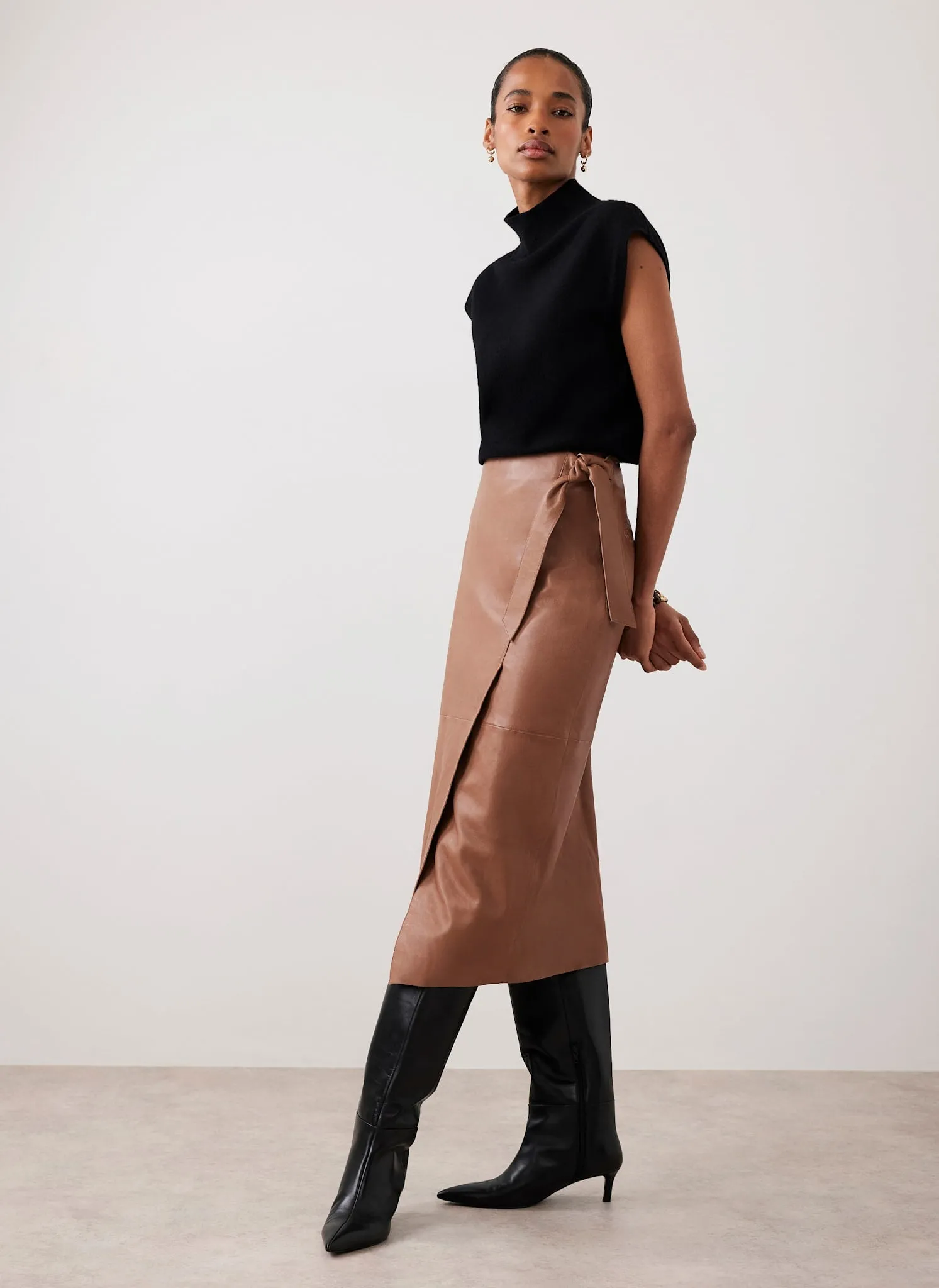 Tan Leather Midi Skirt sold by Mint Velvet