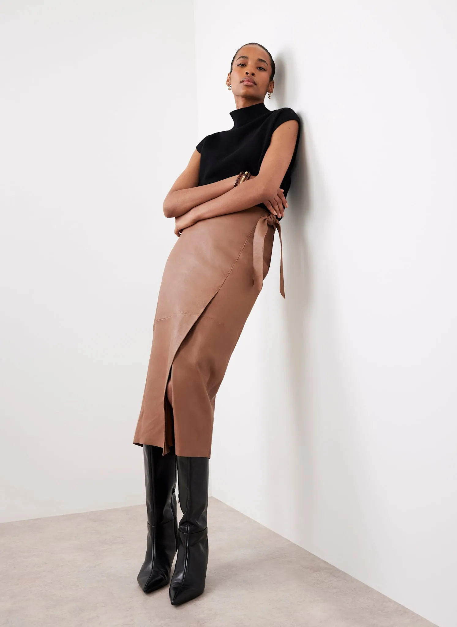 Tan Leather Midi Skirt sold by Mint Velvet product image thumbnail 2