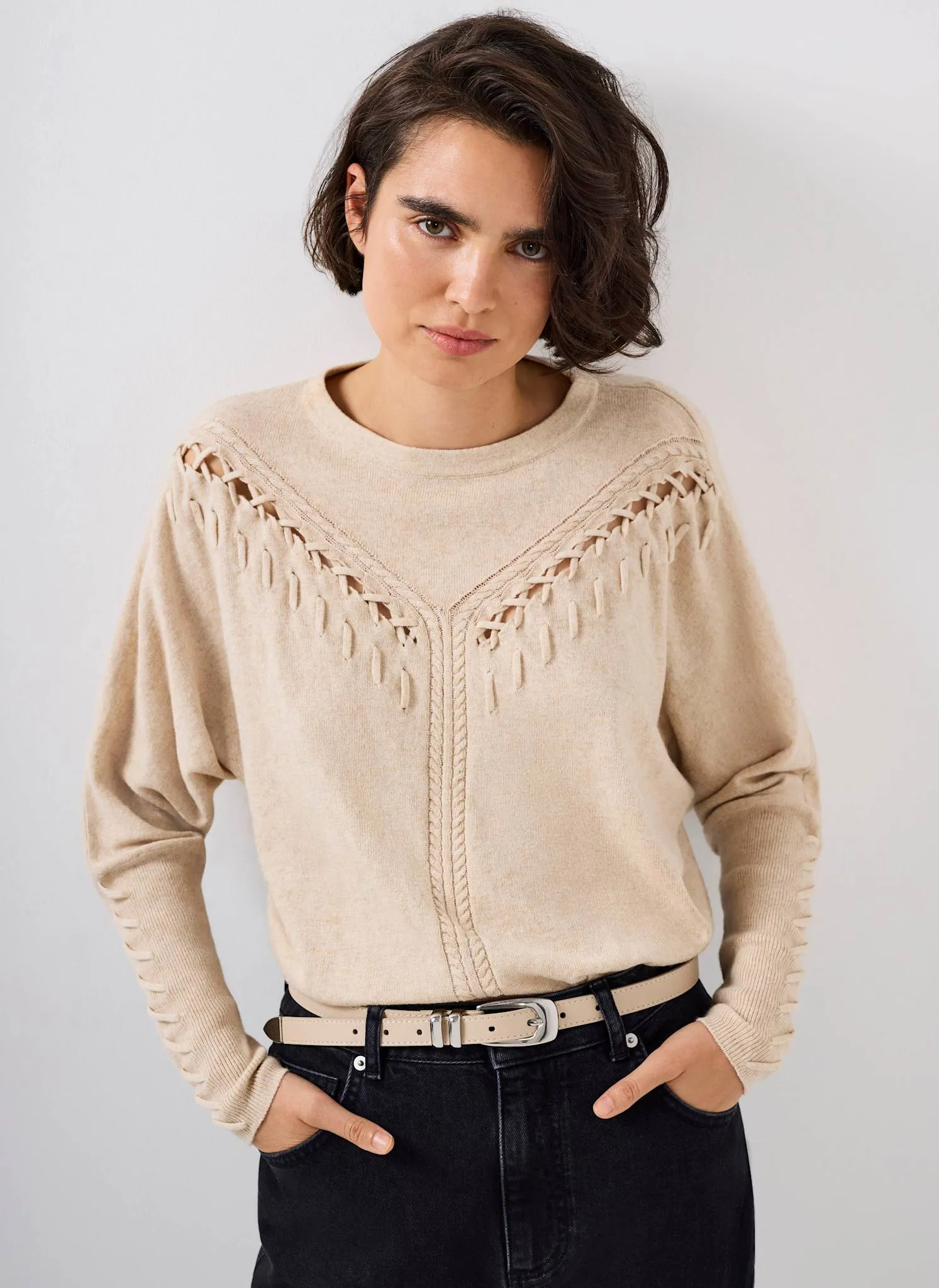Neutral Cotton Blend Stitch Detail Jumper sold by Mint Velvet product image thumbnail 2
