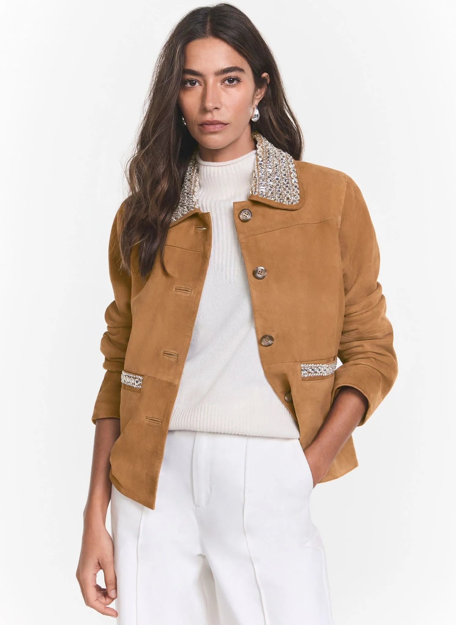Tan Suede Diamante Detail Jacket sold by Mint Velvet
