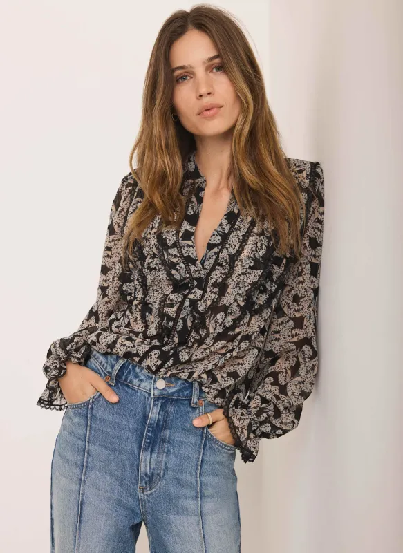 Black Butterfly Print Ruffle Blouse sold by Mint Velvet